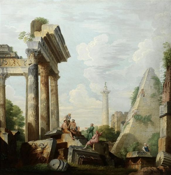 An Architectural Capriccio With The Pyramid Of Cestius And Trajan's Column Oil Painting by Giovanni Paolo Panini