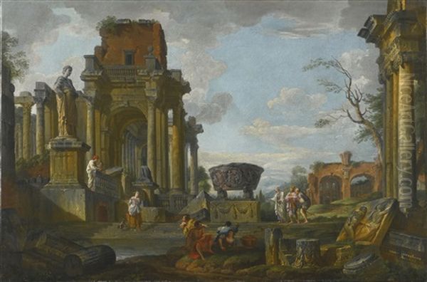 A Capriccio Of Classical Ruins With Figures, With The Basilica Of Maxentius In The Distance Oil Painting by Giovanni Paolo Panini