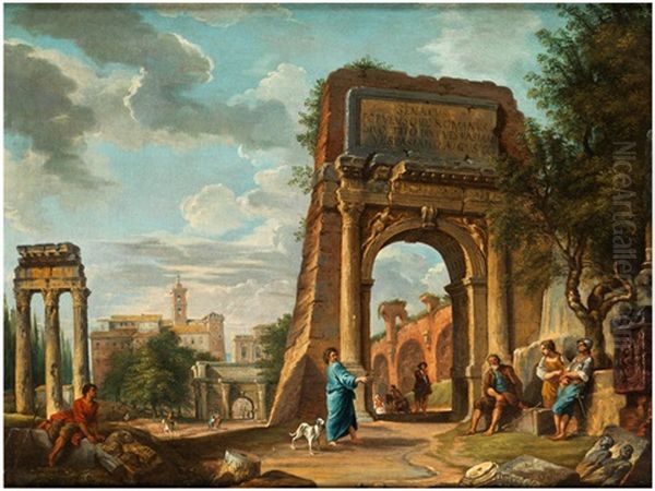 Blick Auf Das Forum Romanum Vom Titusbogen Aus, Mit Figuren Oil Painting by Giovanni Paolo Panini