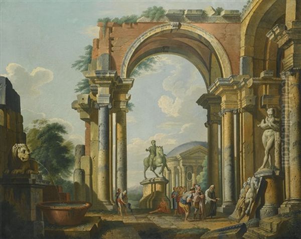 A Capriccio Of Architectural Ruins Oil Painting by Giovanni Paolo Panini