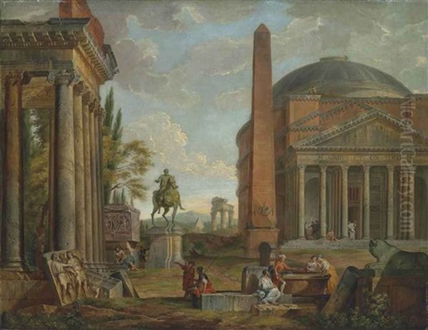 An Architectural Capriccio With The Pantheon, An Obelisk, An Equestrian Statue And A Ruined Temple, With Classical Figures Conversing In The Foreground Oil Painting by Giovanni Paolo Panini