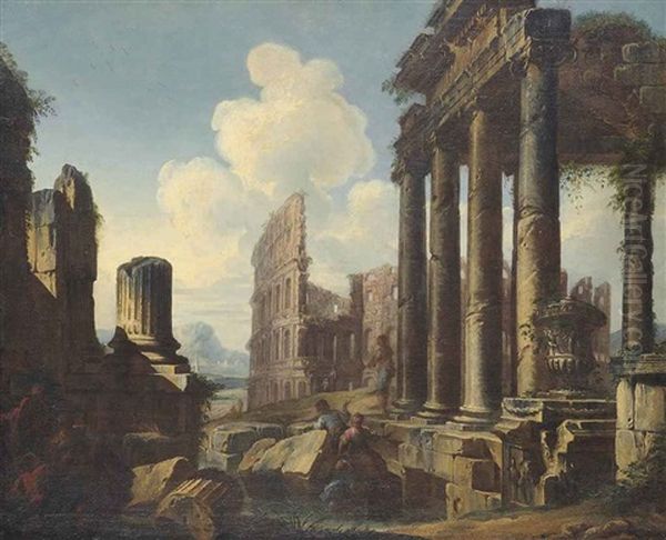 An Architectural Capriccio With Classical Figures Conversing Oil Painting by Giovanni Paolo Panini