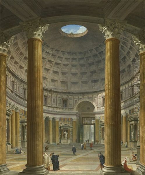 Rome, The Pantheon, A View Of The Interior Towards The Piazza Della Rotonda Oil Painting by Giovanni Paolo Panini