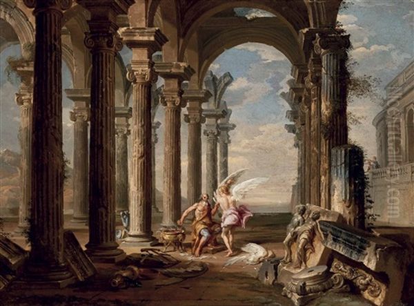 An Architectural Capriccio With Dedalus And Icarus Oil Painting by Giovanni Paolo Panini