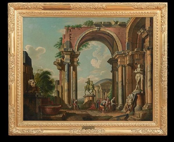 Architectural Capriccio With Statues Of Marcus Aurelius And Silenus With The Infant Dionysos Oil Painting by Giovanni Paolo Panini