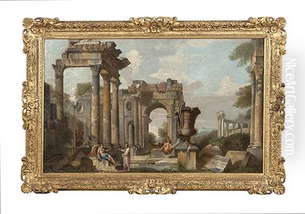 Figures Among Classical Ruins Oil Painting by Giovanni Paolo Panini