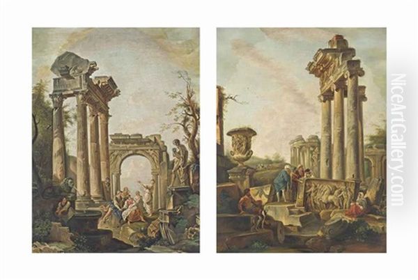 A Capriccio Of Architectural Ruins, With Classical Figures Before A Philosopher Preaching; A Capriccio Of Classical Ruins With Figures (pair) Oil Painting by Giovanni Paolo Panini