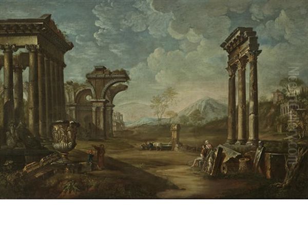 A Capriccio With Figures And Classical Ruins Oil Painting by Giovanni Paolo Panini