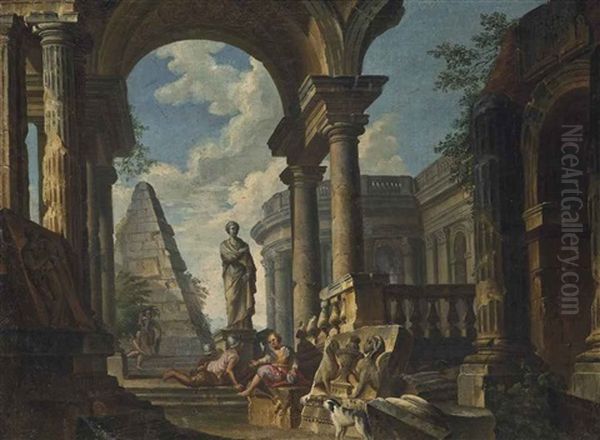 A Capriccio Of Classical Ruins, With Soldiers Resting In The Foreground Oil Painting by Giovanni Paolo Panini