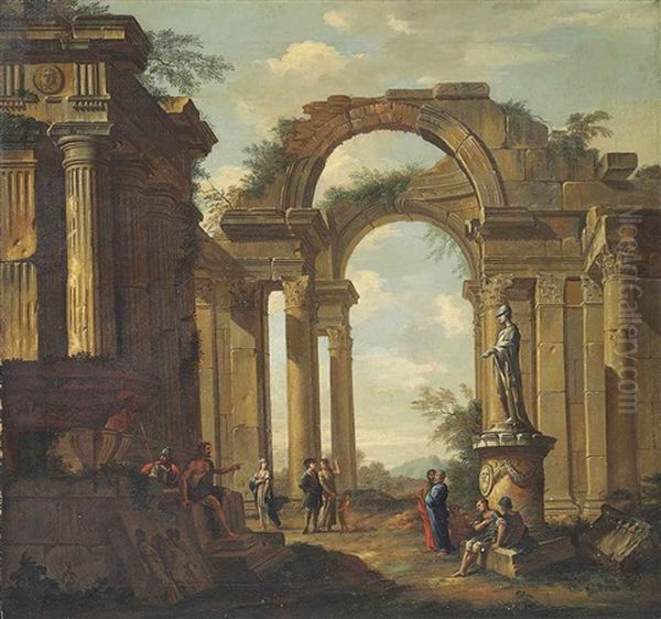 A Capriccio Of Classical Ruins, With Figures Conversing By A Statue Of Minerva Oil Painting by Giovanni Paolo Panini