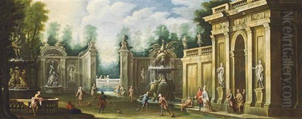 An Architectural Capriccio With Elegant Company Playing A Game Oil Painting by Giovanni Paolo Panini