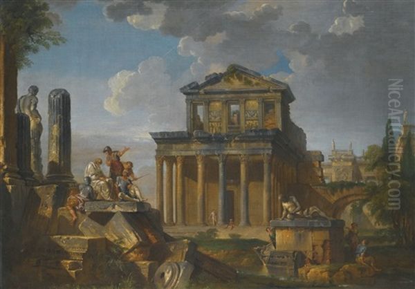 Capriccio Of Classical Ruins, Including The Temple Of Antonio And Faustina Oil Painting by Giovanni Paolo Panini