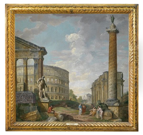 Romisches Capriccio Mit Kolosseum, Konstantinsbogen, Trajanssaule Und Figuren Oil Painting by Giovanni Paolo Panini