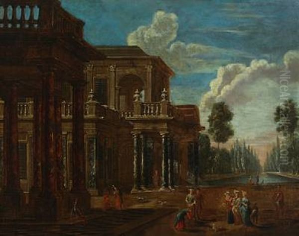 Elegant People In A Palace Garden Oil Painting by Giovanni Paolo Panini