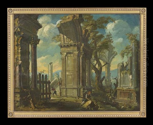 Architectural Capriccio With Figures In Roman Ruins Oil Painting by Giovanni Paolo Panini