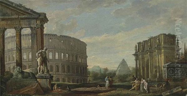 An Architectural Capriccio With The Colosseum, The Arch Of Constantine, The Pyramid Of Cestius, The Portico Of Octavia, The Farnese Hercules... Oil Painting by Giovanni Paolo Panini