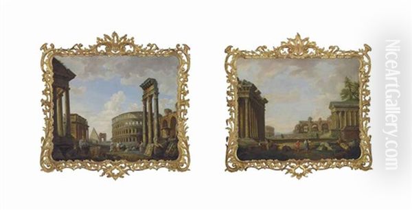 Architectural Capriccios: With The Arch Of Constantine, The Pyramid Of Cestius...; With The Temple Of Hadrian, The Basilica Of Massenzio...(pair) Oil Painting by Giovanni Paolo Panini