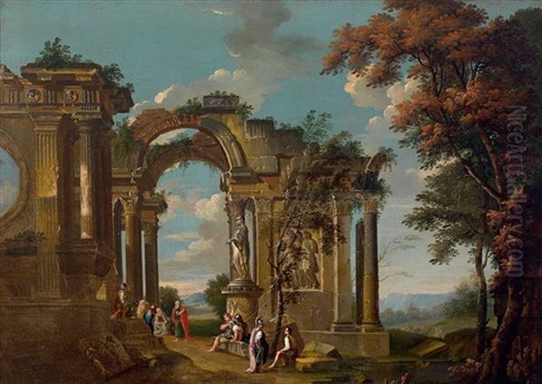 Capriccio. Romische Ruinen Mit Klassischer Figurenstaffage Oil Painting by Giovanni Paolo Panini