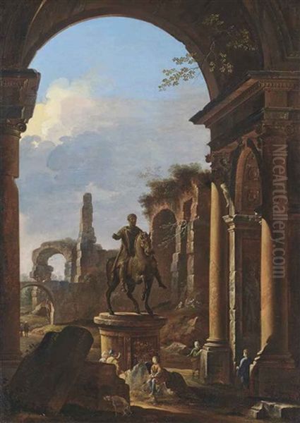 A Capriccio Of Classical Ruins With Figures Beside The Equestrian Statue Of Emperor Marcus Aurelius Oil Painting by Giovanni Paolo Panini