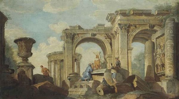 A Capriccio Of Classical Ruins, With The Temple Of The Sibyl, And Figures Conversing Oil Painting by Giovanni Paolo Panini