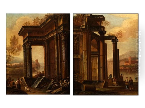 Romische Ruinencapricci Mit Figurenstaffage (pair) Oil Painting by Giovanni Paolo Panini