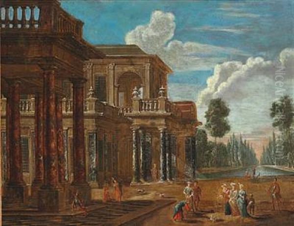 Elegant People In A Palace Garden Oil Painting by Giovanni Paolo Panini