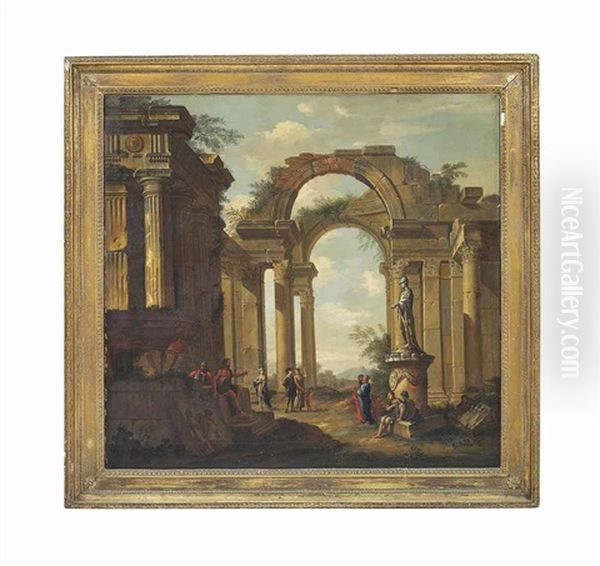 A Capriccio Of Classical Ruins, With A Statue Of Minerva And Figures Conversing Oil Painting by Giovanni Paolo Panini