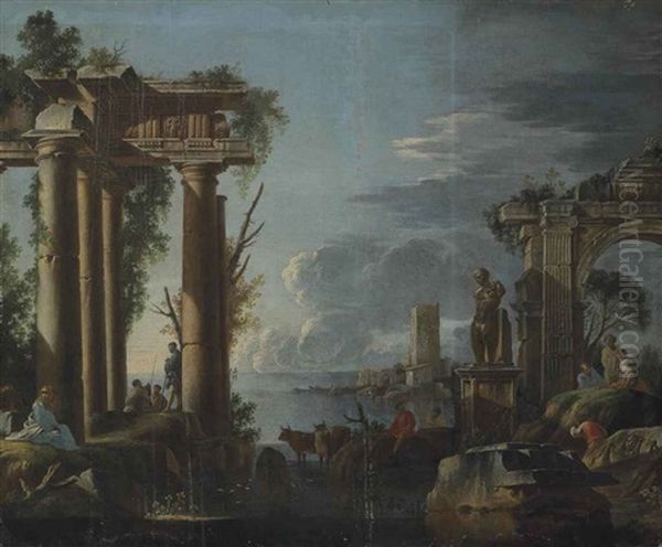 A Capriccio Of Classical Ruins With Figures Resting By The Columns And Others Conversing, Houses On The Sea Shore Beyond Oil Painting by Giovanni Paolo Panini