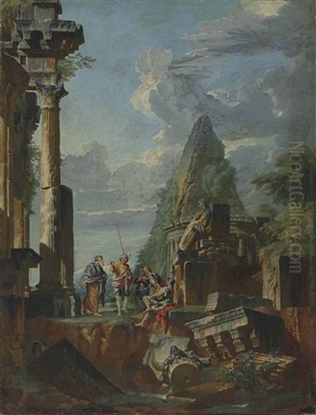 A Capriccio Of Roman Ruins, With The Belvedere Antinous And A Pyramid Beyond, With An Apostle Preaching To Soldiers Oil Painting by Giovanni Paolo Panini