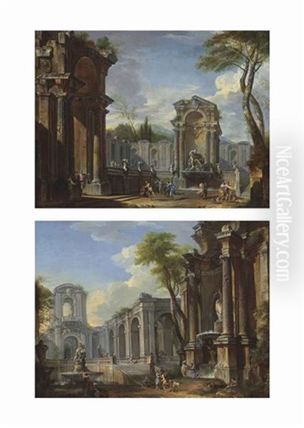 An Architectural Capriccio With Figures Before A Fountain Of Neptune...; An Architectural Capriccio With Figures Before Two Fountains (pair) Oil Painting by Giovanni Paolo Panini