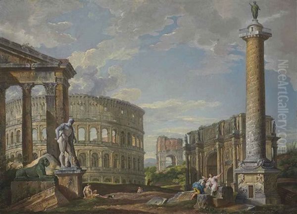 A Capriccio Of Classical Ruins With The Pronaos Of The Porticus Octaviae, The Colosseum, The Arch Of Drusus, The Arch Of Constantine... Oil Painting by Giovanni Paolo Panini