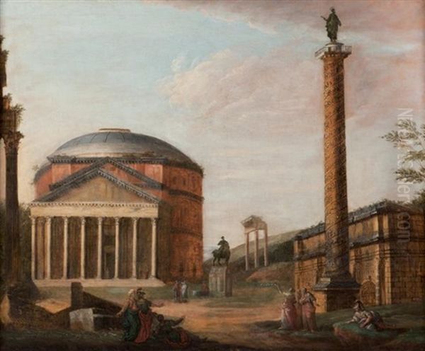 Vue De Ruines Romaines Avec La Colonne Trajane Oil Painting by Giovanni Paolo Panini