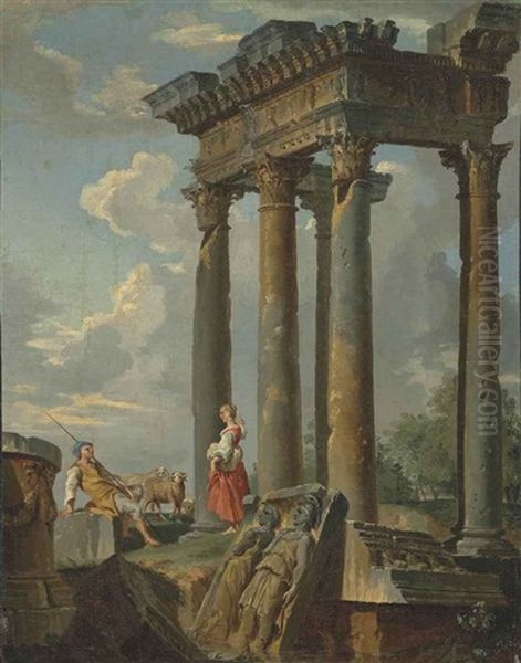 A Capriccio Of Classical Ruins With A Shepherd And A Shepherdess Oil Painting by Giovanni Paolo Panini