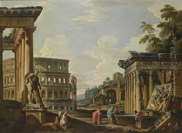 Capriccio Mit Romischen Ruinen, Dem Tempel Von Antonius Und Faustina, Dem Kolosseum, Der Maxentiusbasilica Und Dem Herkules Farnese (+ Another, Similar; Pair) Oil Painting by Giovanni Paolo Panini