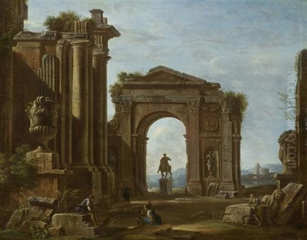 Ruinenlandschaft Mit Marc Aurel-reiterstatue Und Ruinenlandschaft Mit Herkules Farnese (pair) Oil Painting by Giovanni Paolo Panini