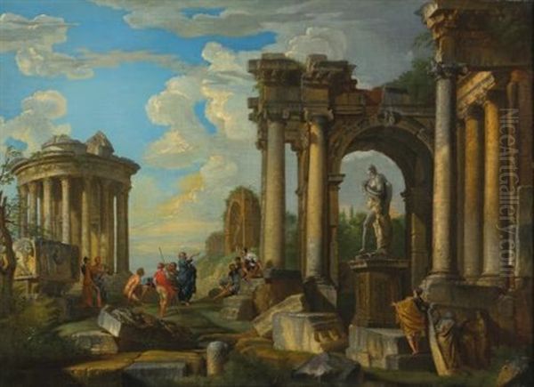 Roman Ruins With Classical Figures Oil Painting by Giovanni Paolo Panini