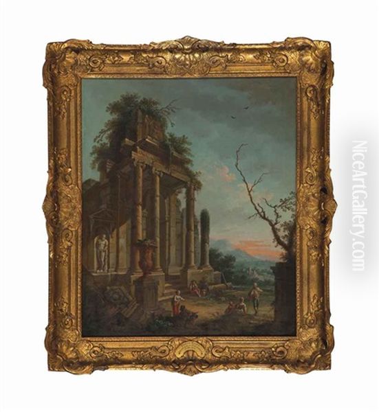 An Architectural Capriccio With A Statue Of Hercules And Peasants And Untitled (2 Works) Oil Painting by Giovanni Paolo Panini