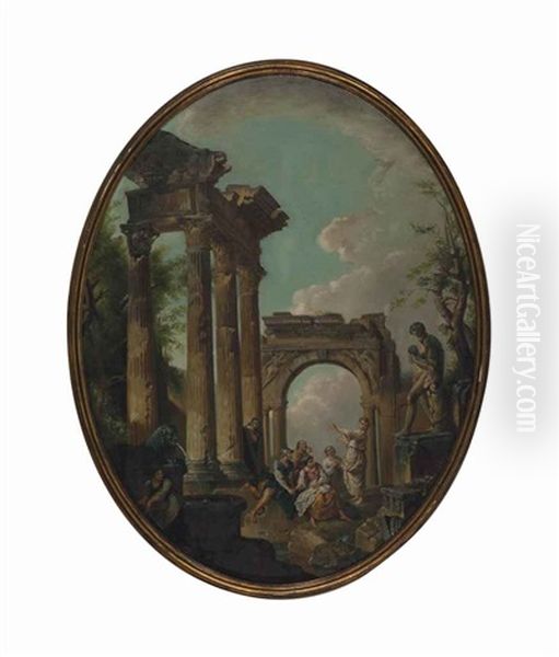 A Capriccio Of Classical Ruins With Shepherds And Travellers Resting By An Arch Oil Painting by Giovanni Paolo Panini