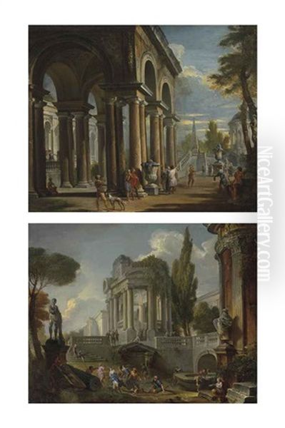 Capriccio Of A Classical Loggia And Capriccio Of Palaces With Giochi D'acqua (pair) Oil Painting by Giovanni Paolo Panini