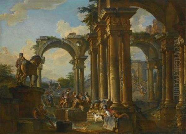 Architectural Capriccio With Figures Oil Painting by Giovanni Paolo Panini