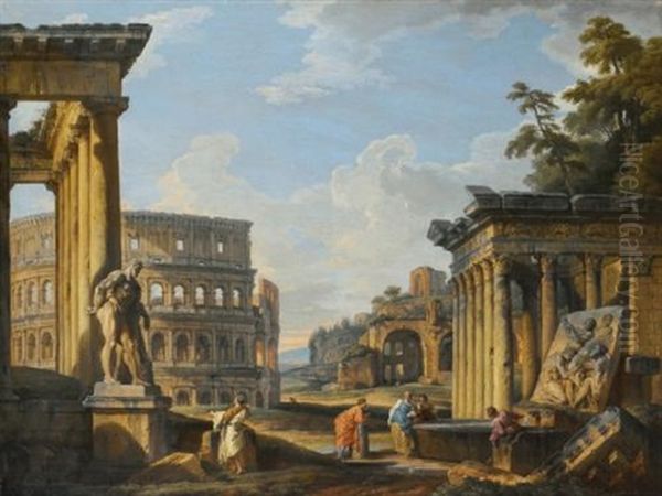 Capriccio Of Classical Ruins With The Temple Of Antonius And Faustina, The Colosseum, The Basilica Of Maxentius And The Temple Of Venus And Rome Oil Painting by Giovanni Paolo Panini