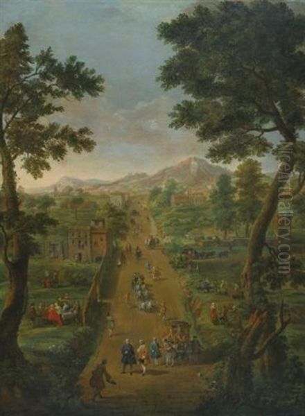 An Extensive Landscape With Carriages And Elegant Figures On A Road, Including The Artist Himself, Gardens And Fields On Either Side Oil Painting by Giovanni Paolo Panini