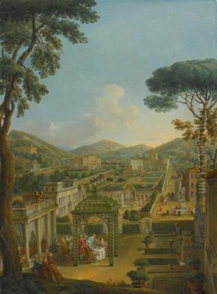 An Extensive Landscape With Villas And Figures, Including The Artist Himself, Dining Beneath A Pergola In The Foreground Oil Painting by Giovanni Paolo Panini