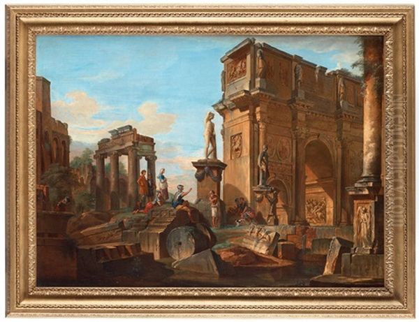 Capriccio With Roman Ruins And The Arch Of Constantine Oil Painting by Giovanni Paolo Panini