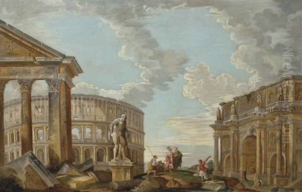 An Architectural Capriccio With The Arch Of The Argentarii, The Colosseum, The Farnese Hercules And The Arch Of Constantine by Giovanni Paolo Panini