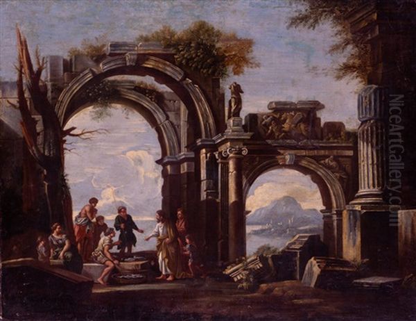 Capricho Arquitectonico Con Escena De La Pesca Milagrosa Oil Painting by Giovanni Paolo Panini