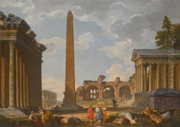 A Capriccio View Of Rome With Ancient Ruins And The Flaminian Obelisk Oil Painting by Giovanni Paolo Panini