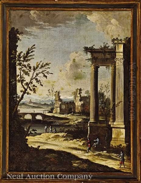 A Pair Of Capriccio Landscapes With Figures Amid Antique Ruins (2 Works) Oil Painting by Giovanni Paolo Panini