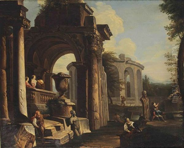 An Architectural Capriccio With Figures Amongst Classical Ruins Oil Painting by Giovanni Paolo Panini