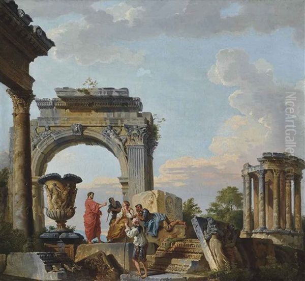 A Capriccio Of Classical Ruins With A Philosopher Addressing A Gathering Oil Painting by Giovanni Paolo Panini